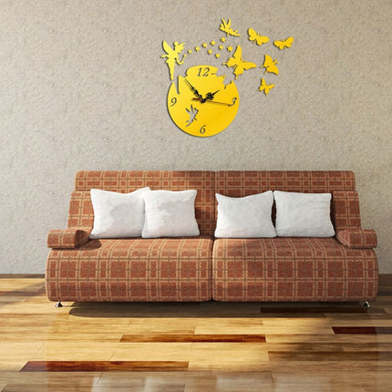 Butterfly Star 3D Acrylic Stereo Living Room Bedroom Decorating Mirror Wall Clock(Gold)-garmade.com