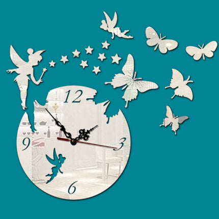 Butterfly Star 3D Acrylic Stereo Living Room Bedroom Decorating Mirror Wall Clock(Silver)-garmade.com