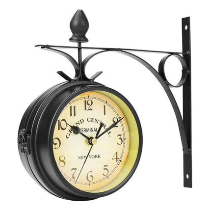 Wrought Iron Clock Vintage Decorative Double-sided Wall Clock(Black)-garmade.com