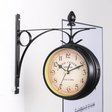 Wrought Iron Clock Vintage Decorative Double-sided Wall Clock(Black)-garmade.com