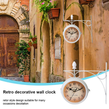 Wrought Iron Clock Vintage Decorative Double-sided Wall Clock(White)-garmade.com
