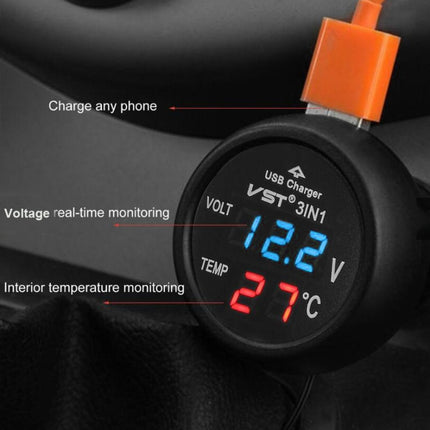 3 In 1 Car USB Charger Car Cigarette Lighter With Voltage Detection Display Multi-function Monitoring Table(Red Blue)-garmade.com