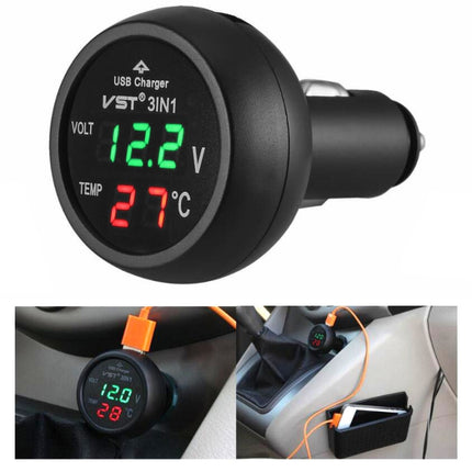 3 In 1 Car USB Charger Car Cigarette Lighter With Voltage Detection Display Multi-function Monitoring Table(Red Green)-garmade.com