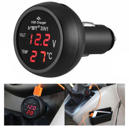 3 In 1 Car USB Charger Car Cigarette Lighter With Voltage Detection Display Multi-function Monitoring Table(Red)-garmade.com