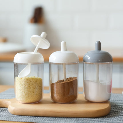 Household Simple Kitchen Round Seasoning Jar with Spoon(White)-garmade.com