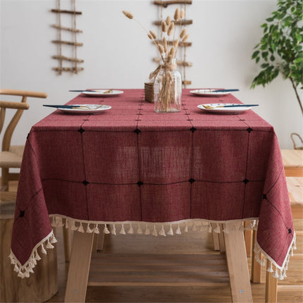 Square Lattice Embroidered Tablecloth Pure Color Cotton Linen Tassel Rectangular Coffee Table Mat, Size:60x60cm(Red)-garmade.com