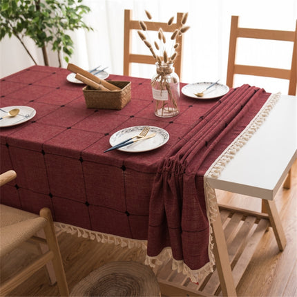Square Lattice Embroidered Tablecloth Pure Color Cotton Linen Tassel Rectangular Coffee Table Mat, Size:90x90cm(Red)-garmade.com