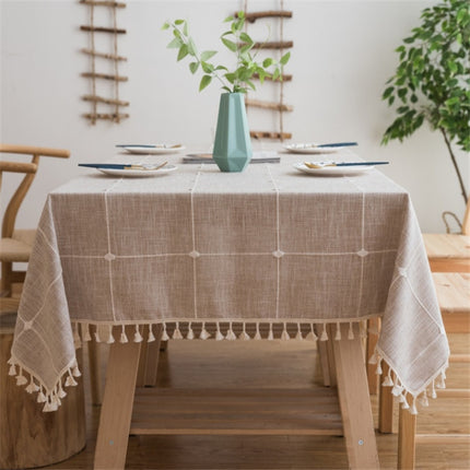 Square Lattice Embroidered Tablecloth Pure Color Cotton Linen Tassel Rectangular Coffee Table Mat, Size:90x140cm(Brown)-garmade.com