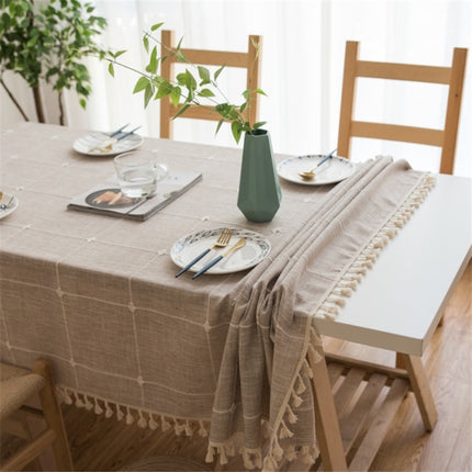 Square Lattice Embroidered Tablecloth Pure Color Cotton Linen Tassel Rectangular Coffee Table Mat, Size:90x140cm(Brown)-garmade.com