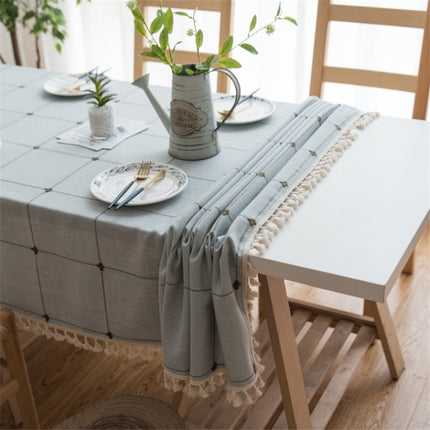 Square Lattice Embroidered Tablecloth Pure Color Cotton Linen Tassel Rectangular Coffee Table Mat, Size:90x140cm(Coffee)-garmade.com