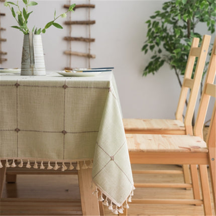 Square Lattice Embroidered Tablecloth Pure Color Cotton Linen Tassel Rectangular Coffee Table Mat, Size:90x140cm(Green)-garmade.com