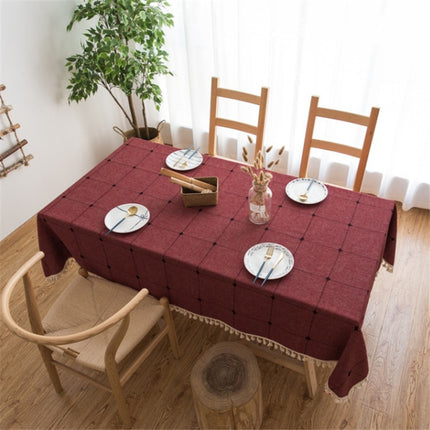 Square Lattice Embroidered Tablecloth Pure Color Cotton Linen Tassel Rectangular Coffee Table Mat, Size:110x110cm(Red)-garmade.com