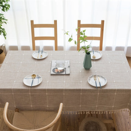 Square Lattice Embroidered Tablecloth Pure Color Cotton Linen Tassel Rectangular Coffee Table Mat, Size:100x160cm(Brown)-garmade.com