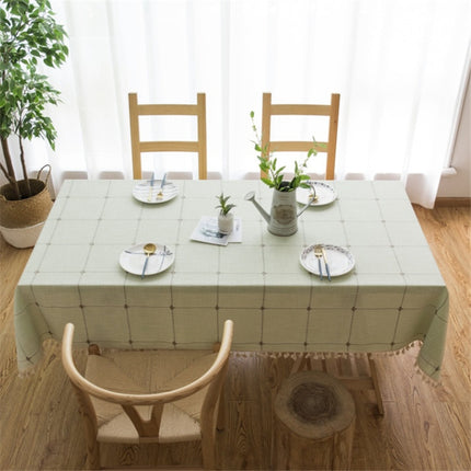 Square Lattice Embroidered Tablecloth Pure Color Cotton Linen Tassel Rectangular Coffee Table Mat, Size:100x160cm(Green)-garmade.com