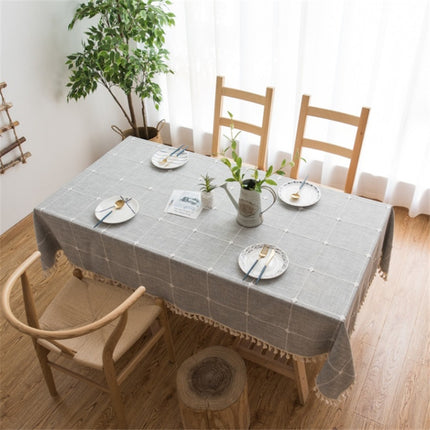 Square Lattice Embroidered Tablecloth Pure Color Cotton Linen Tassel Rectangular Coffee Table Mat, Size:140x200cm(Grey)-garmade.com