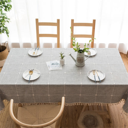 Square Lattice Embroidered Tablecloth Pure Color Cotton Linen Tassel Rectangular Coffee Table Mat, Size:140x200cm(Grey)-garmade.com