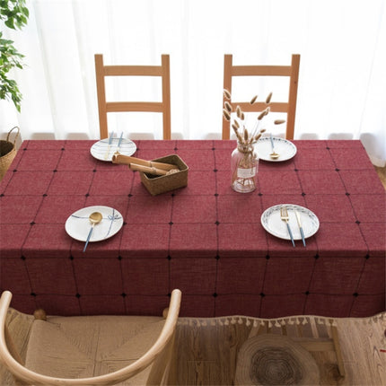 Square Lattice Embroidered Tablecloth Pure Color Cotton Linen Tassel Rectangular Coffee Table Mat, Size:140x220cm(Red)-garmade.com