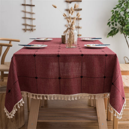 Square Lattice Embroidered Tablecloth Pure Color Cotton Linen Tassel Rectangular Coffee Table Mat, Size:140x260cm(Red)-garmade.com