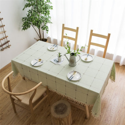 Square Lattice Embroidered Tablecloth Pure Color Cotton Linen Tassel Rectangular Coffee Table Mat, Size:140x260cm(Green)-garmade.com