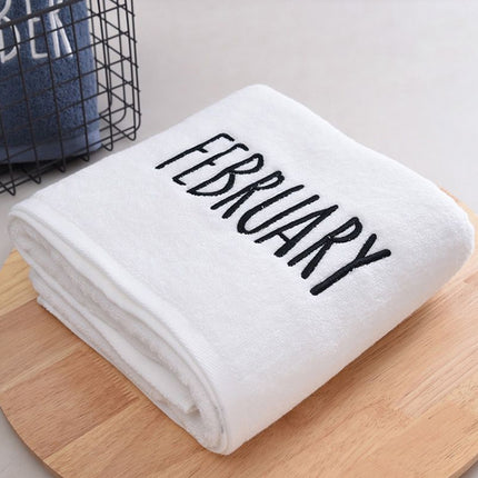 Month Embroidery Soft Absorbent Increase Thickened Adult Cotton Bath Towel, Pattern:February(White)-garmade.com