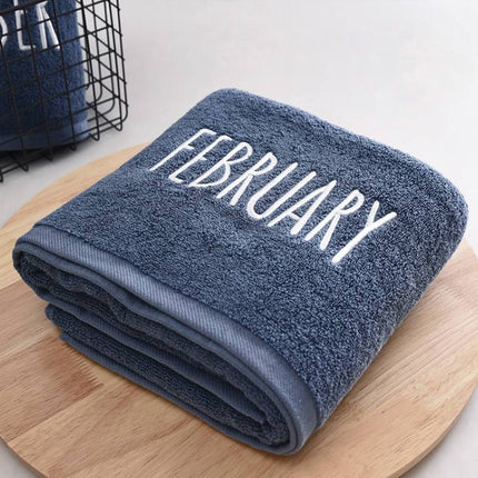 Month Embroidery Soft Absorbent Increase Thickened Adult Cotton Bath Towel, Pattern:February(Gray)-garmade.com