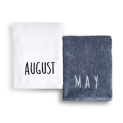 Month Embroidery Soft Absorbent Increase Thickened Adult Cotton Bath Towel, Pattern:June(Gray)-garmade.com