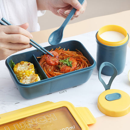 Student Sealed Multi-division Lunch Box Wheat Straw Bento Box Microwave Oven Plastic Fresh-keeping Box(Navy Blue)-garmade.com