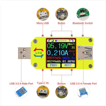 USB 3.0 Color Display Screen Tester Voltage-current Measurement Type-C Meter, Support Android APP, Model:UM34 without Bluetooth-garmade.com