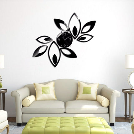 Flower Art Modern Design DIY Removable 3D Crystal Mirror Wall Clock Wall Sticker Living Room Bedroom Decor(Black)-garmade.com