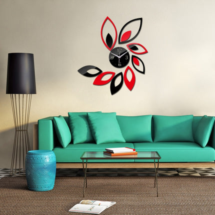 Flower Art Modern Design DIY Removable 3D Crystal Mirror Wall Clock Wall Sticker Living Room Bedroom Decor(Red+Black)-garmade.com
