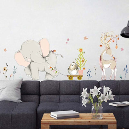 Cartoon Elephant Pull Cart Bedroom Living Room Removable Home Wall Sticker-garmade.com