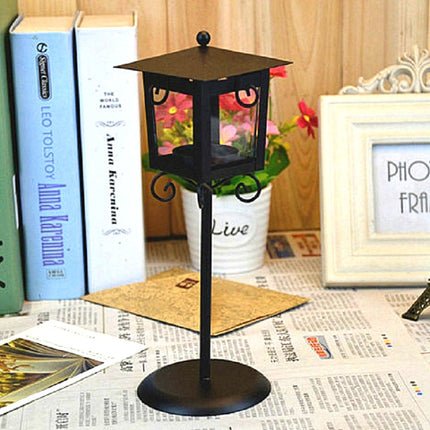 Glass Retro Wrought Iron Street Lamp Candle Holder Home Wedding Decoration(Black)-garmade.com