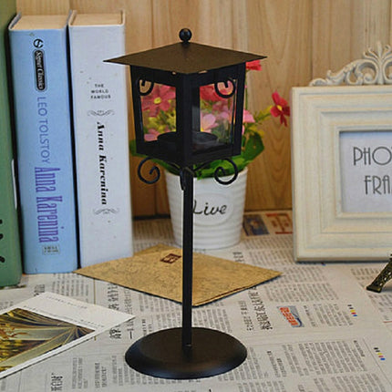 Glass Retro Wrought Iron Street Lamp Candle Holder Home Wedding Decoration(Black)-garmade.com