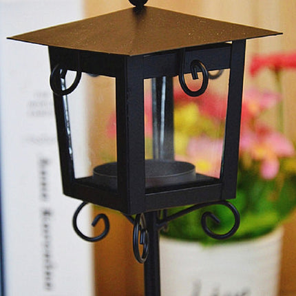 Glass Retro Wrought Iron Street Lamp Candle Holder Home Wedding Decoration(Black)-garmade.com