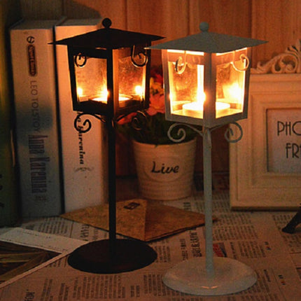 Glass Retro Wrought Iron Street Lamp Candle Holder Home Wedding Decoration(Black)-garmade.com