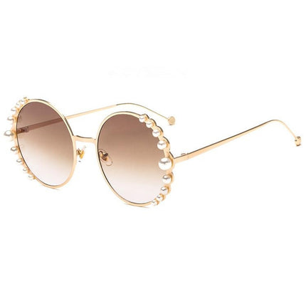 Women Sunglasses Metal Round Frame Pearl Embellished Sunglasses(Gold Frame Brown Lens)-garmade.com