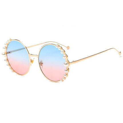 Women Sunglasses Metal Round Frame Pearl Embellished Sunglasses(Gold Frame Blue Pink Lens)-garmade.com