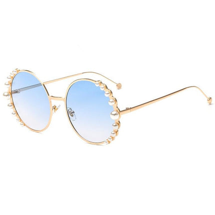 Women Sunglasses Metal Round Frame Pearl Embellished Sunglasses(Gold Frame Blue Lens)-garmade.com