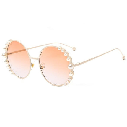 Women Sunglasses Metal Round Frame Pearl Embellished Sunglasses(Gold Frame Champagne Lens)-garmade.com