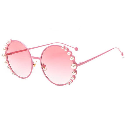 Women Sunglasses Metal Round Frame Pearl Embellished Sunglasses(Pink Frame Pink Lens)-garmade.com