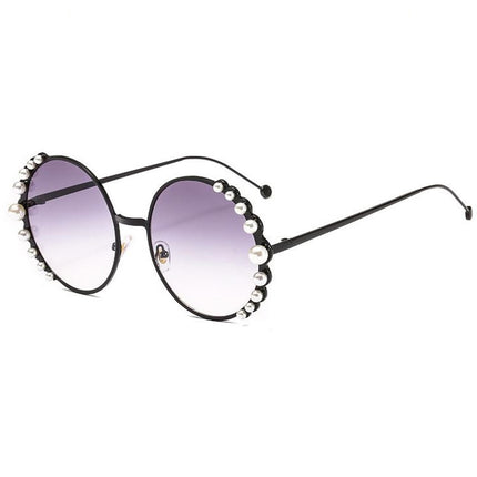 Women Sunglasses Metal Round Frame Pearl Embellished Sunglasses(Black Frame Grey Lens)-garmade.com