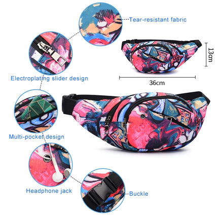Color Printing Multi-function Casual Pockets Ladies Outdoor Purse Waist Bag(Purple)-garmade.com