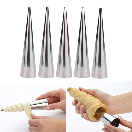 5 PCS Cone Roll Moulds Stainless Steel Spiral Nozzle Croissants Pastry Cream Horn Cake Mold(Large 12x3x3cm )-garmade.com