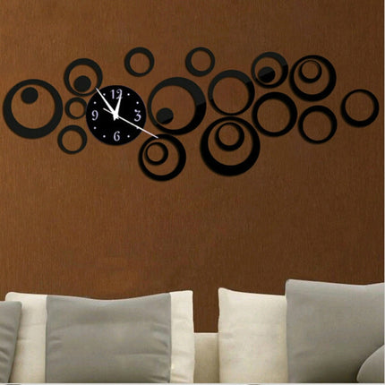 Wall Clock 3D Three-dimensional Acrylic Fashion Mirror Wall Stickers Clock DIY Circle Combination Decorative Clock(Black)-garmade.com