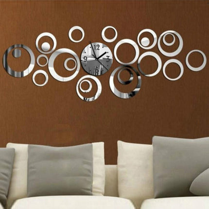 Wall Clock 3D Three-dimensional Acrylic Fashion Mirror Wall Stickers Clock DIY Circle Combination Decorative Clock(Silver)-garmade.com