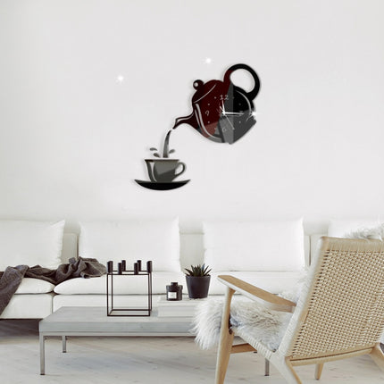 2 PCS Creative DIY Acrylic Coffee Cup Teapot 3D Wall Clock Decorative Kitchen Wall Clocks Living Room Dining Room Home Decor Clock(Black)-garmade.com