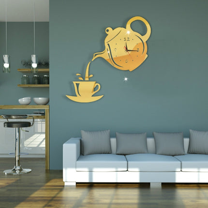 2 PCS Creative DIY Acrylic Coffee Cup Teapot 3D Wall Clock Decorative Kitchen Wall Clocks Living Room Dining Room Home Decor Clock(Gold)-garmade.com