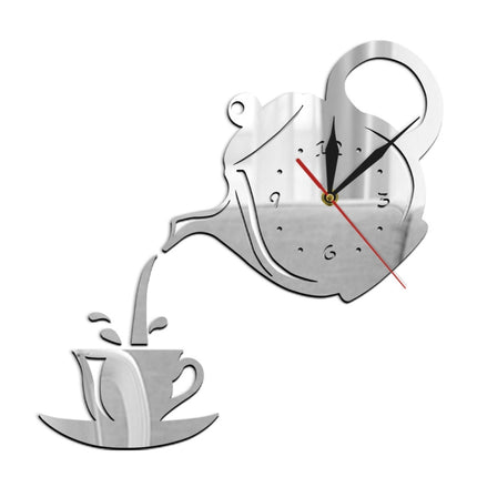 2 PCS Creative DIY Acrylic Coffee Cup Teapot 3D Wall Clock Decorative Kitchen Wall Clocks Living Room Dining Room Home Decor Clock(Silver)-garmade.com