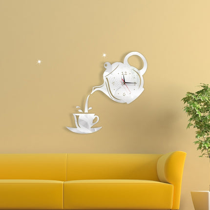 2 PCS Creative DIY Acrylic Coffee Cup Teapot 3D Wall Clock Decorative Kitchen Wall Clocks Living Room Dining Room Home Decor Clock(Silver)-garmade.com