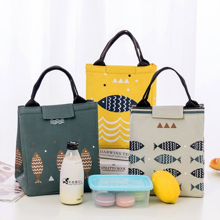 Portable Lunch Bag Oxford Cloth Fish Pattern Large Capacity Container Thermal Insulated Cooler(Yellow)-garmade.com